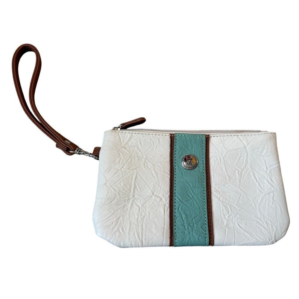 STONEMOUNTAIN HAND bag/purse, small Wristlet; LEATHER, White with teal stripe